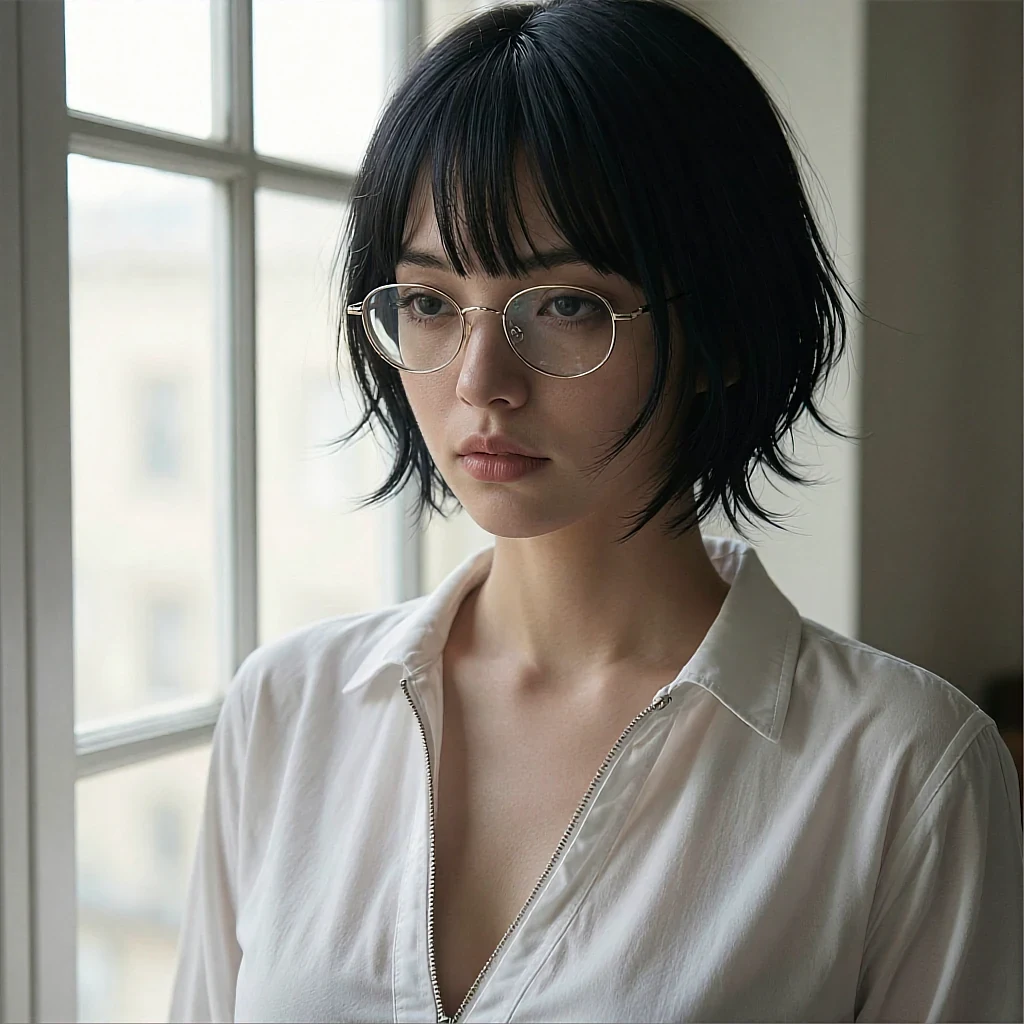 Round channel avatar: companion with a short black bob in a white shirt