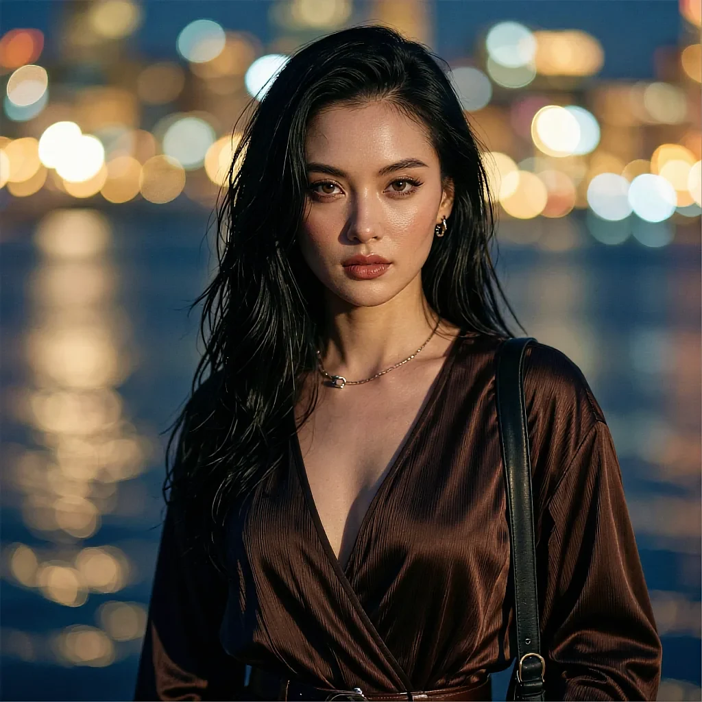 Round channel avatar: companion with long dark hair in warm night bokeh