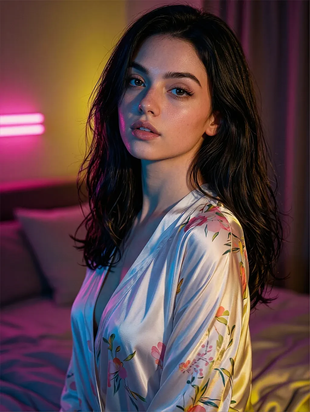 Yuna, a fictional AI companion, in a satin robe in a room washed with neon
