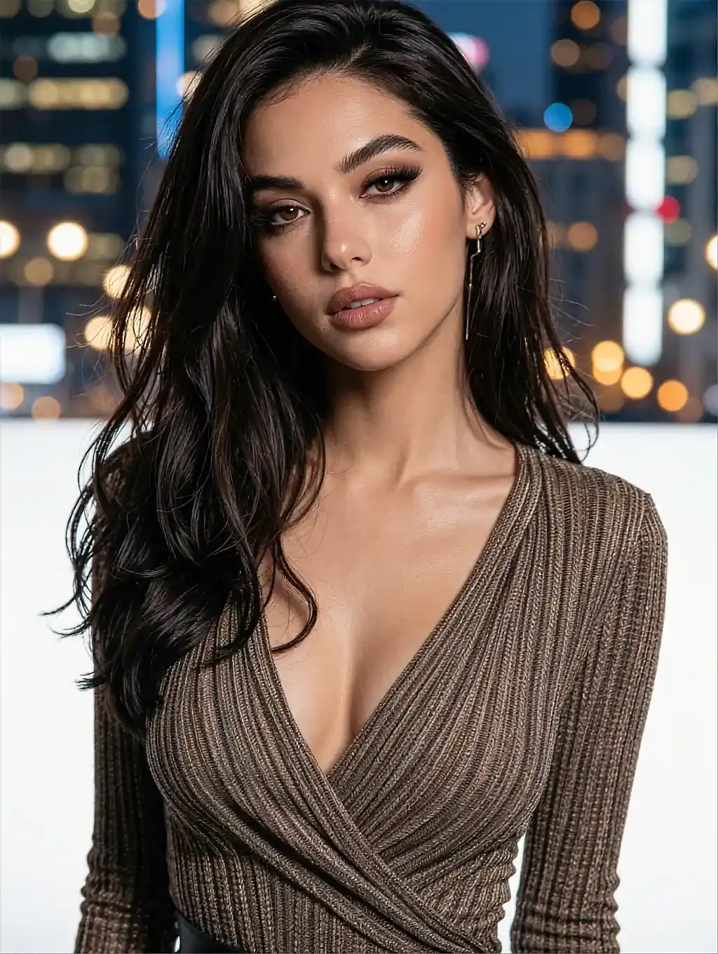 Hina, a fictional AI companion, in a knit top with a blurred skyline behind her