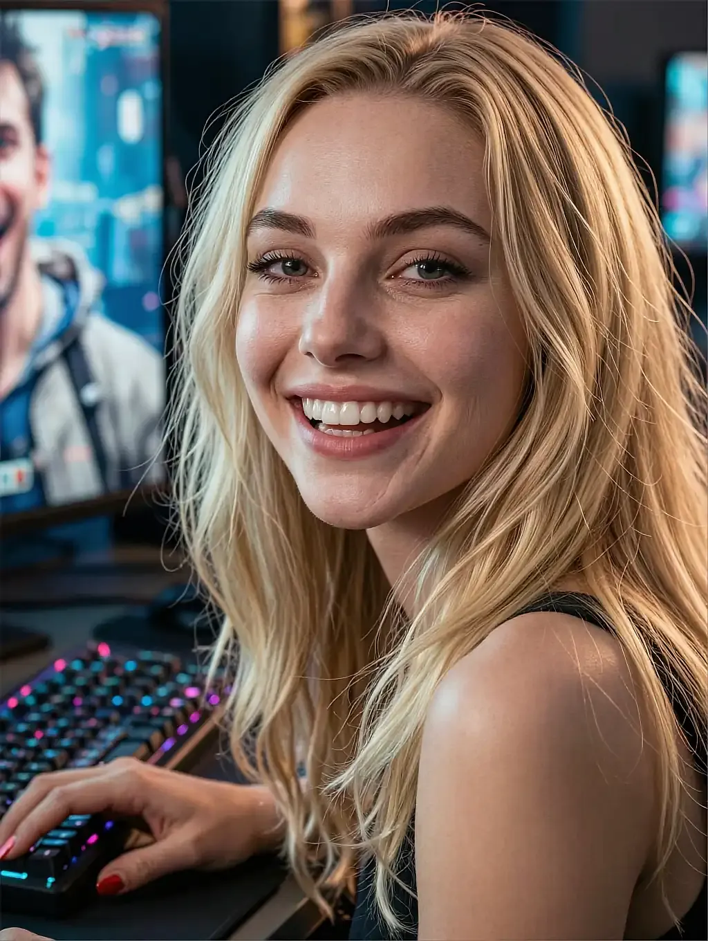 Fictional AI companion laughing at a desk ringed with monitors
