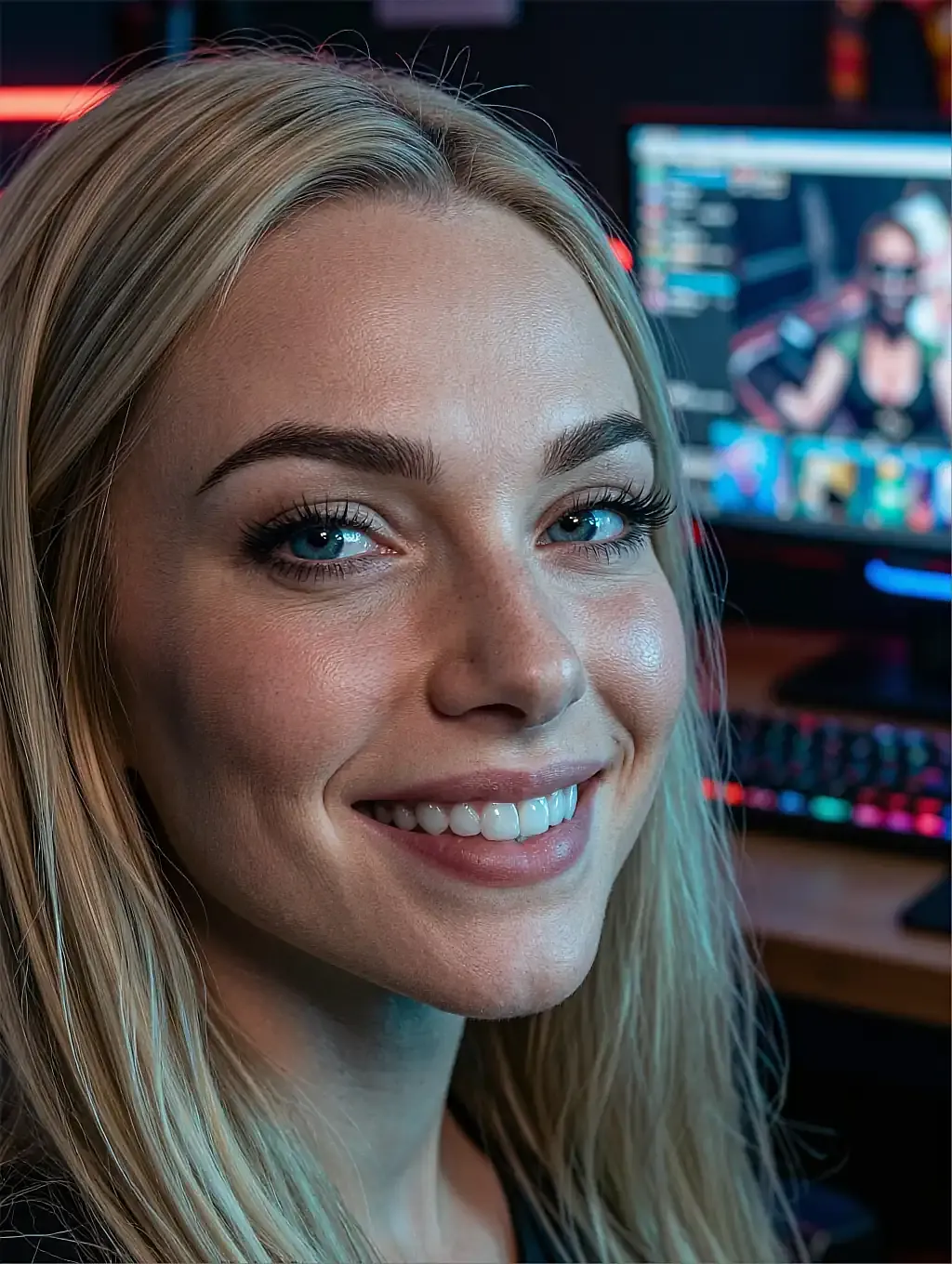 Fictional AI companion laughing in front of a bank of glowing screens