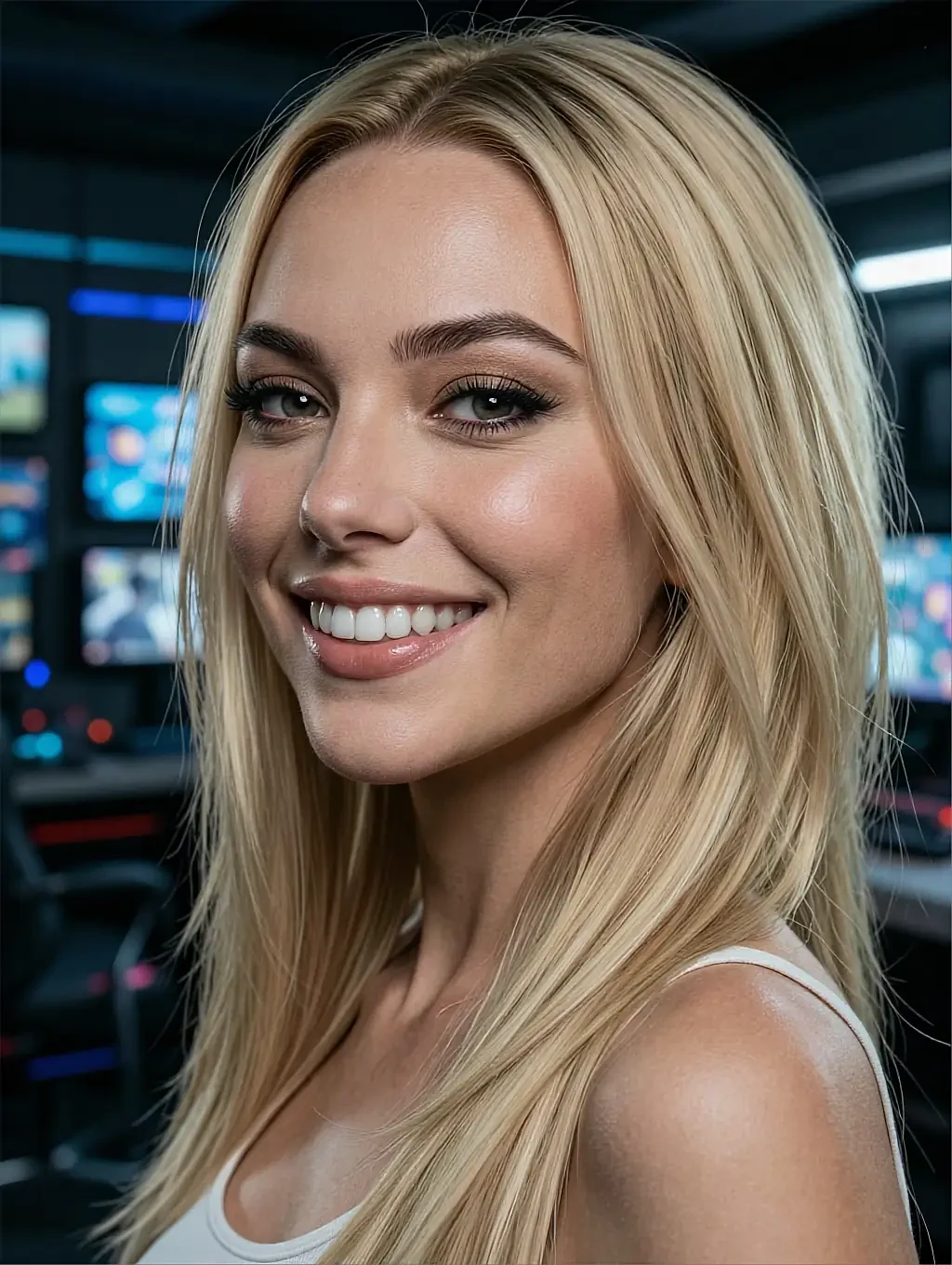 Fictional AI companion smiling in a bright top at a screen-lit desk