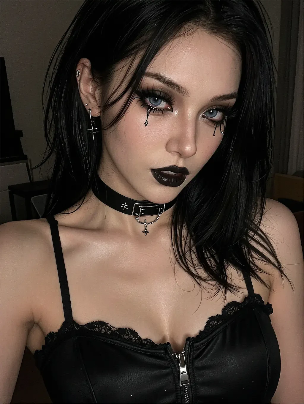 Fictional AI companion in dark makeup and black lace in a dim room