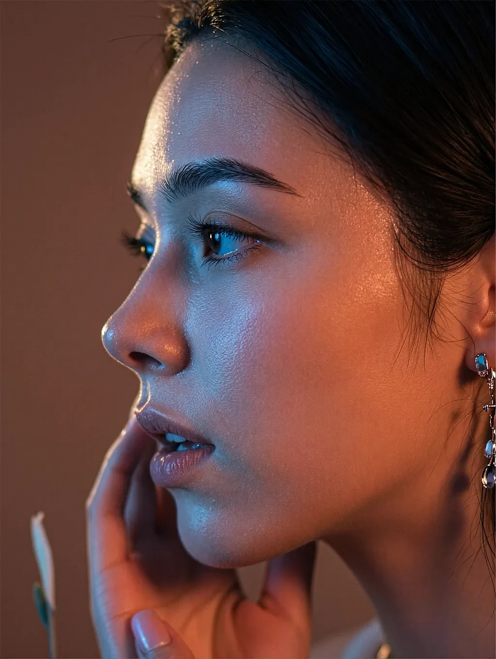 Fictional AI companion photographed in close profile under warm light
