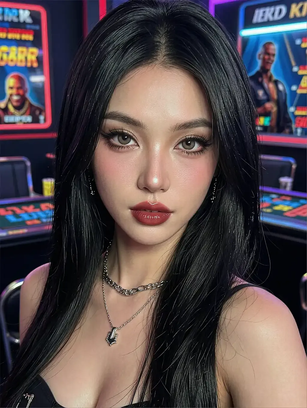 Dark-haired woman lit by arcade neon at night, on an adults-only anime girlfriend channel overlay