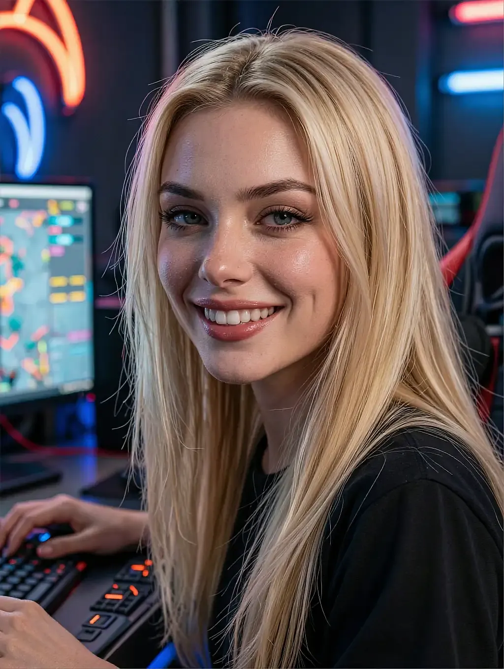 Fictional AI companion smiling in front of a screen-lit desk at night